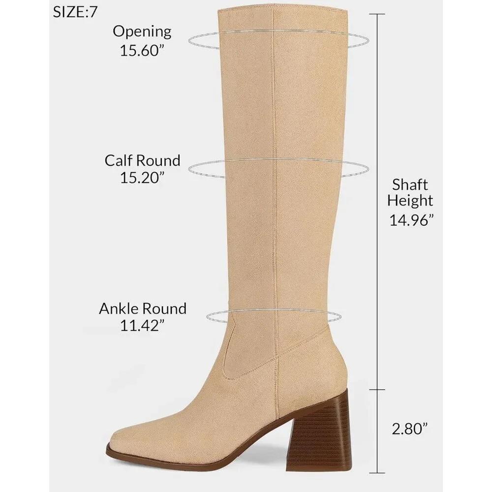 Women Nude Polyurethane Knee High Square Toe Side Zipper Block Heel Tall Boots